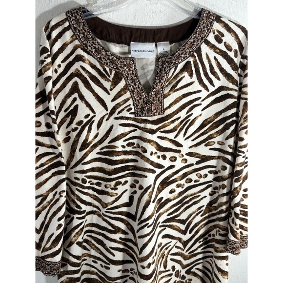 Alfred Dunner Vintage Animal Print Cream Brown Split Neck Woman’s Large Blouse - Picture 6 of 10